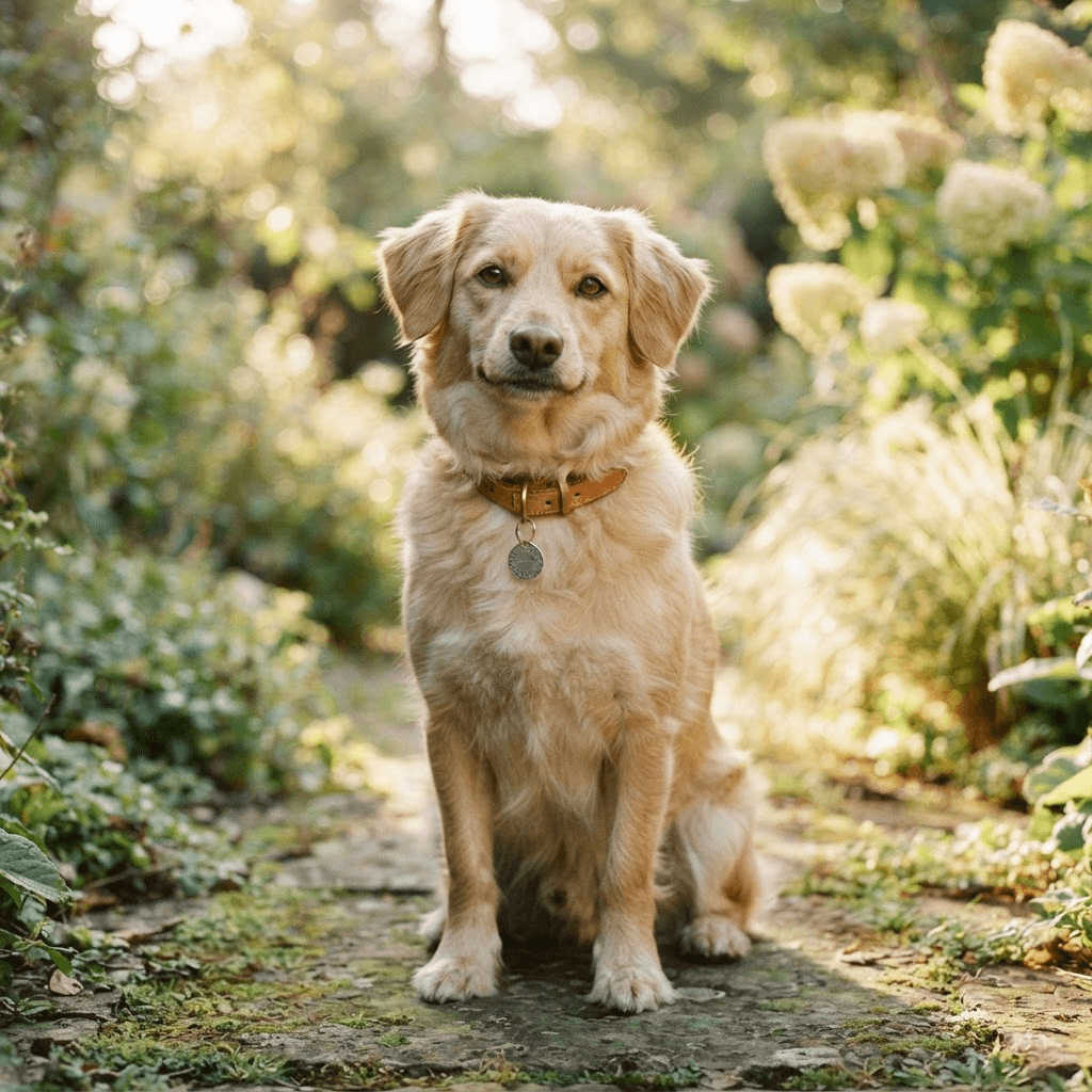 A happy dog sitting in a sunlit garden wearing a PetPass tag