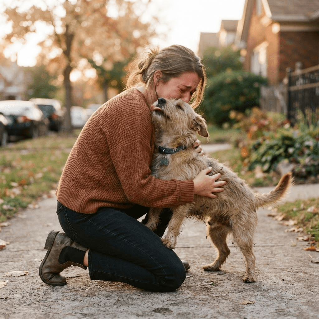 A person kneeling to hug their dog after being reunited
