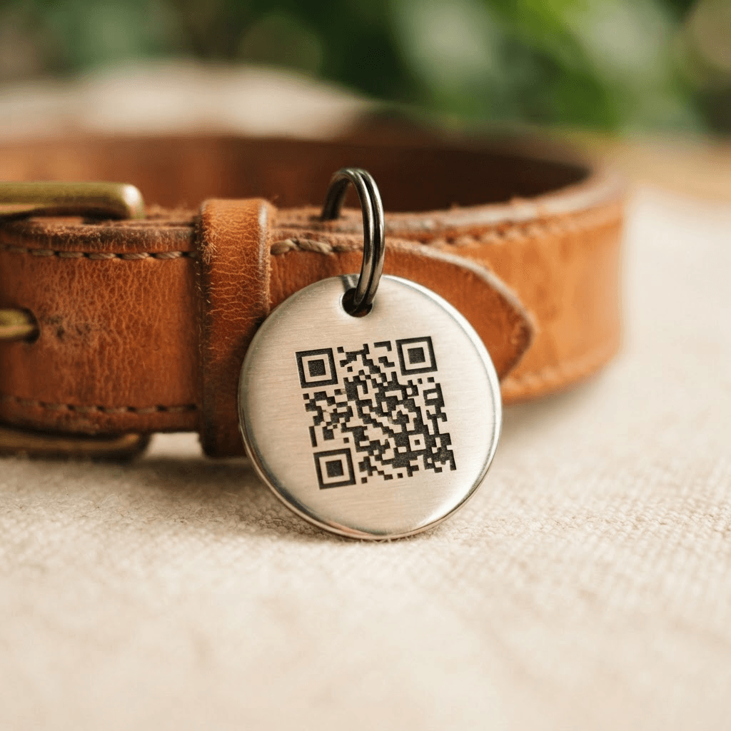 Close-up of an engraved PetPass metal tag on a leather collar